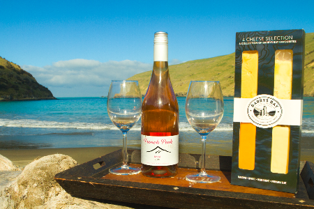 Frenhc peak wine and selection of cheese from barry's bay cheese factory. a free sample on pohatu penguins farmstay.